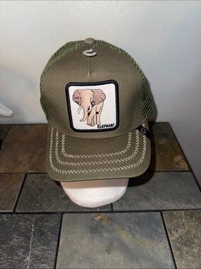 Source Unknown Olive Green Elephant Patch Trucker Hat